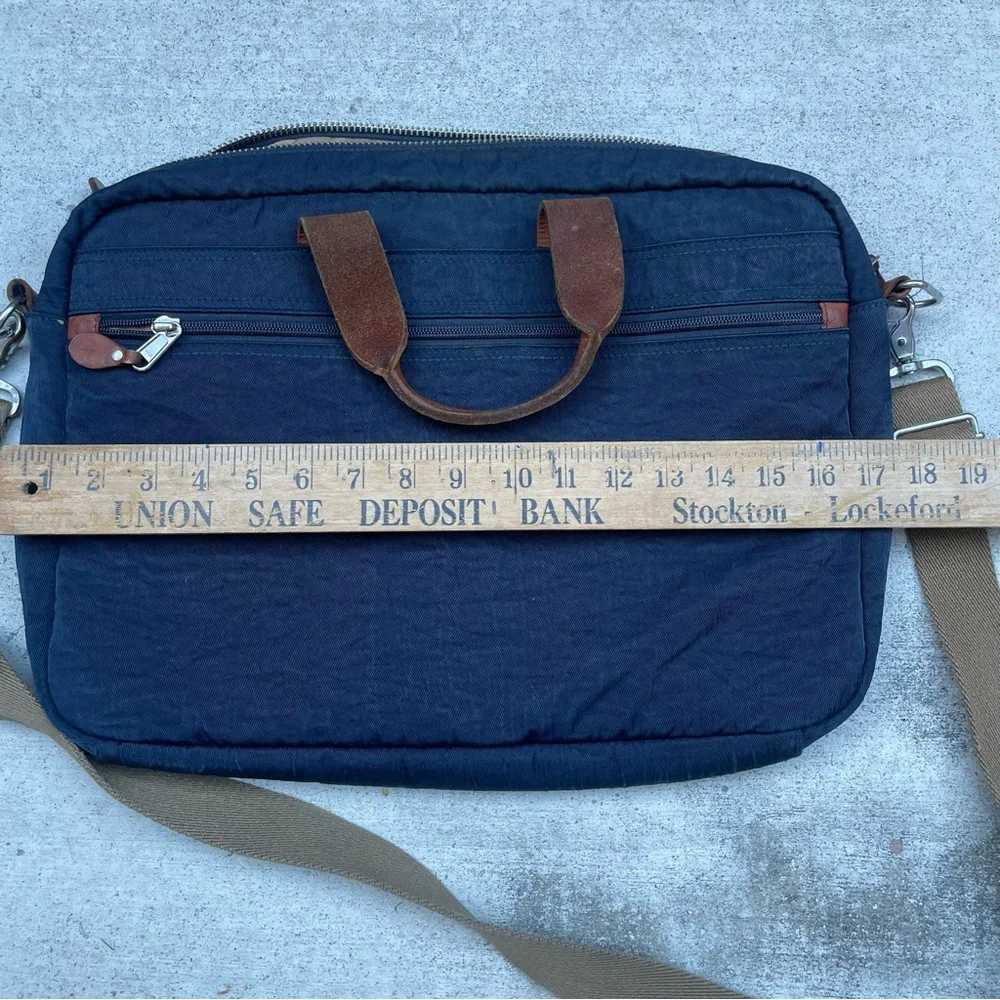 J. Crew Navy Canvas Laptop Brief with Brown Trim and Tan Strap